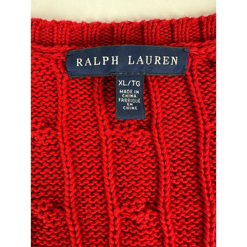 Ralph Lauren Size XL Women's Cable Knit V-Neck Sweater Fisherman Gold Pony Red - Picture 8 of 11
